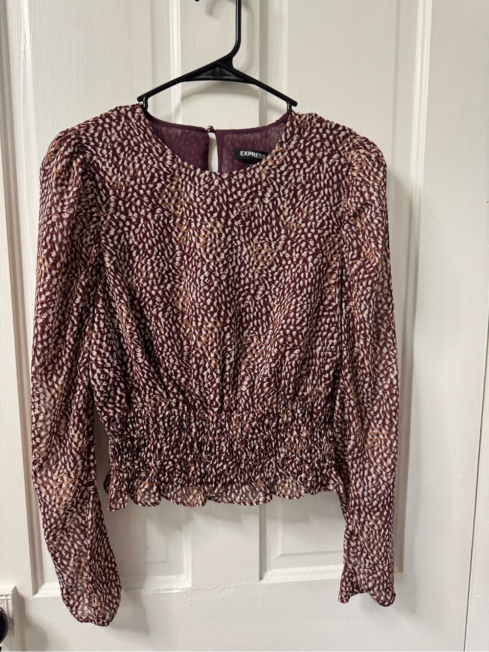 Express Burgundy and Cream Printed Long-Sleeve Smocked-Waist Blouse